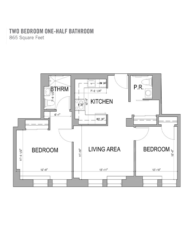 Two bedrooms one-half bathroom