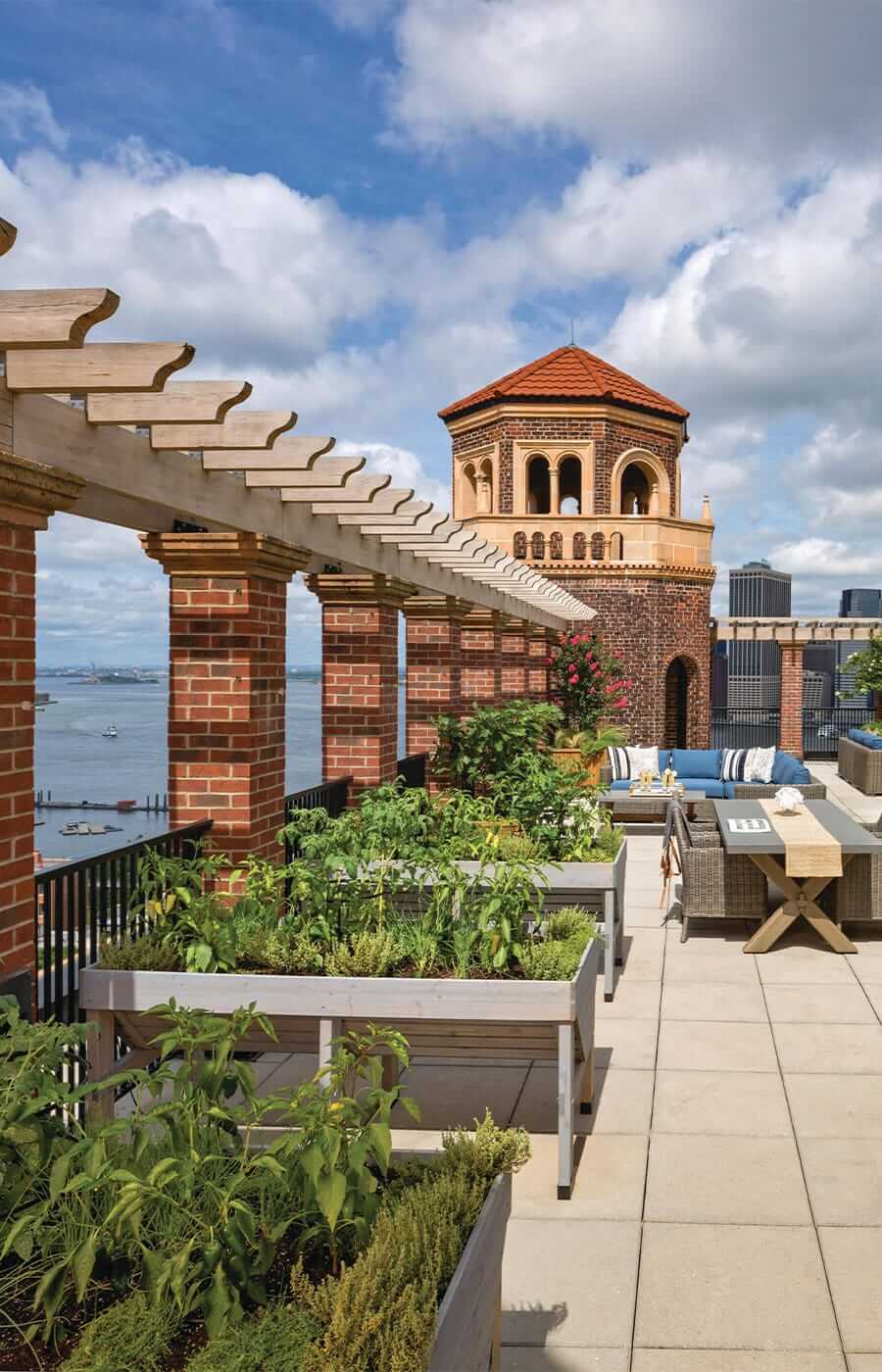 A look at the rooftop of the Watermark at Brooklyn Heights featuring raised planters available for residents that enjoy partaking in gardening during the warmer months