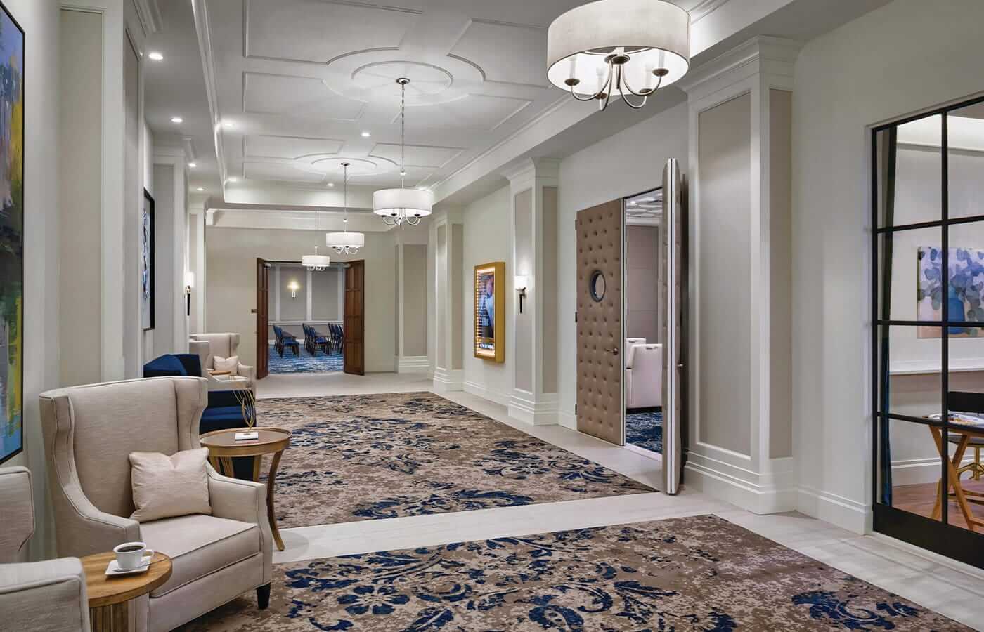 A look down a hallway showcasing the entrance to the on-site theatre and performance centre at the Watermark at Brooklyn Heights