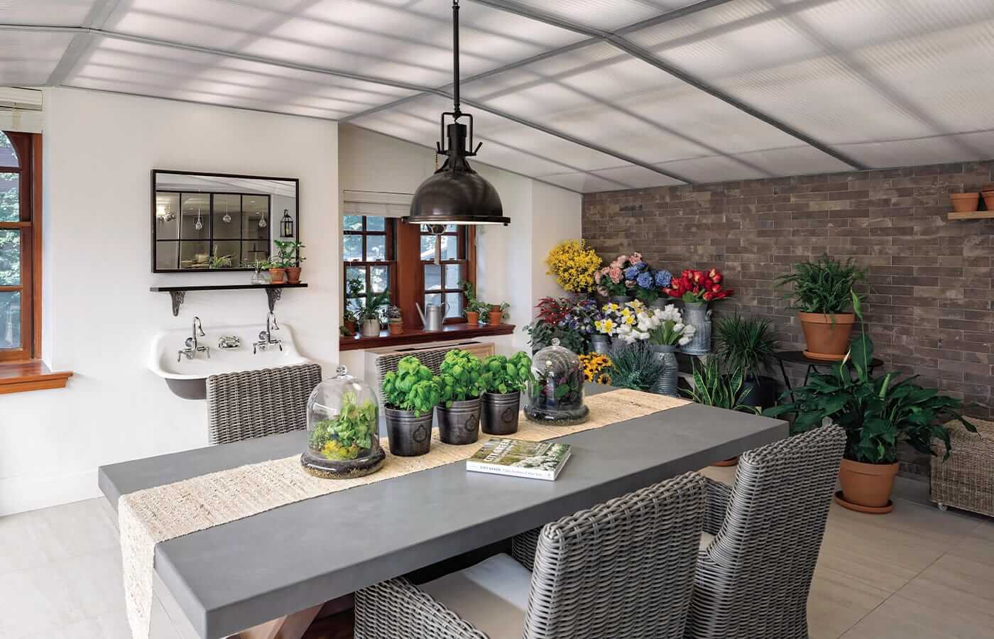 An elevated work space within the indoor greenhouse for residents of our Memory Care program at the Watermark at Brooklyn Heights