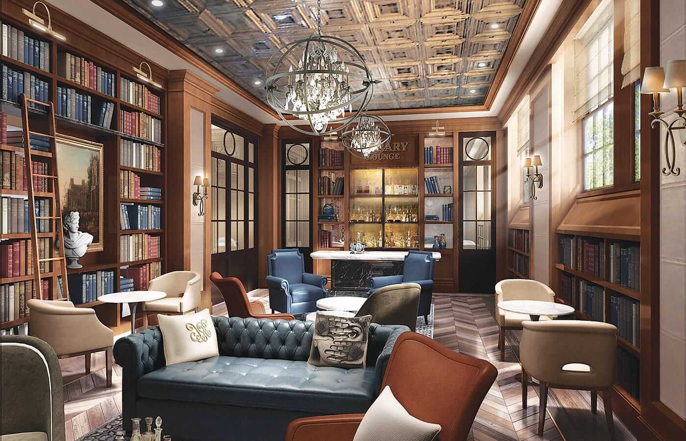 The indoor library and wine bar found within the walls of the Watermark at Brooklyn Heights showcasing a fully stocked bar, numerous books and a variety of seating