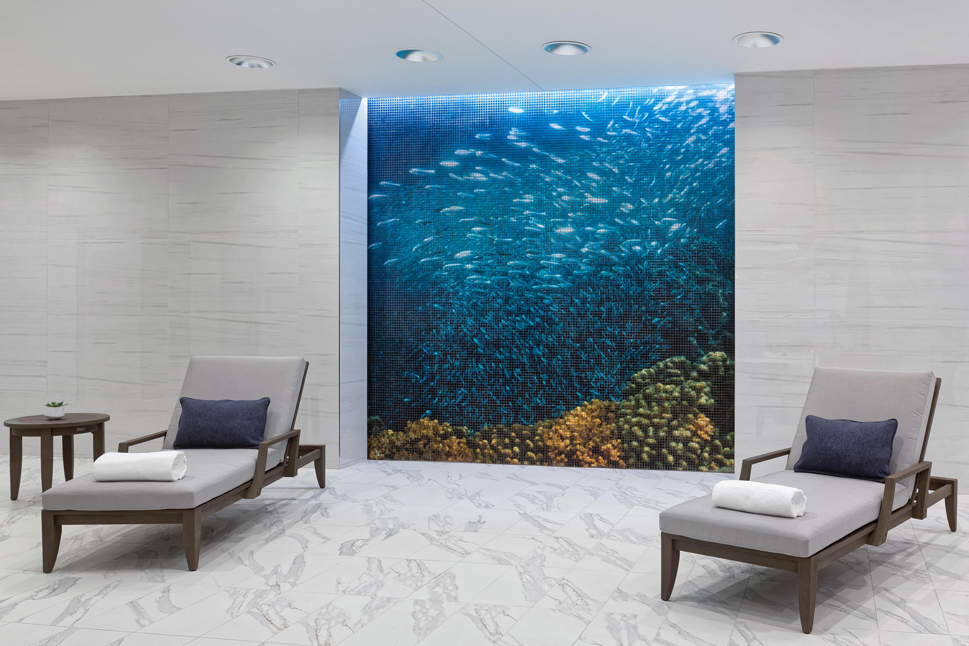 Decorative mural with pool lounge chairs at the Watermark at Brooklyn Heights