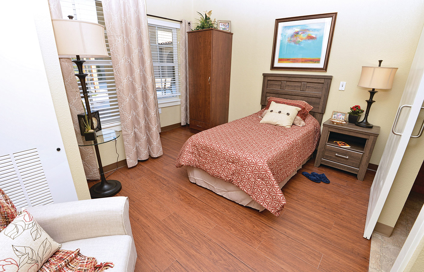 Bedroom in one of the apartment at The  Caliche Senior Living.