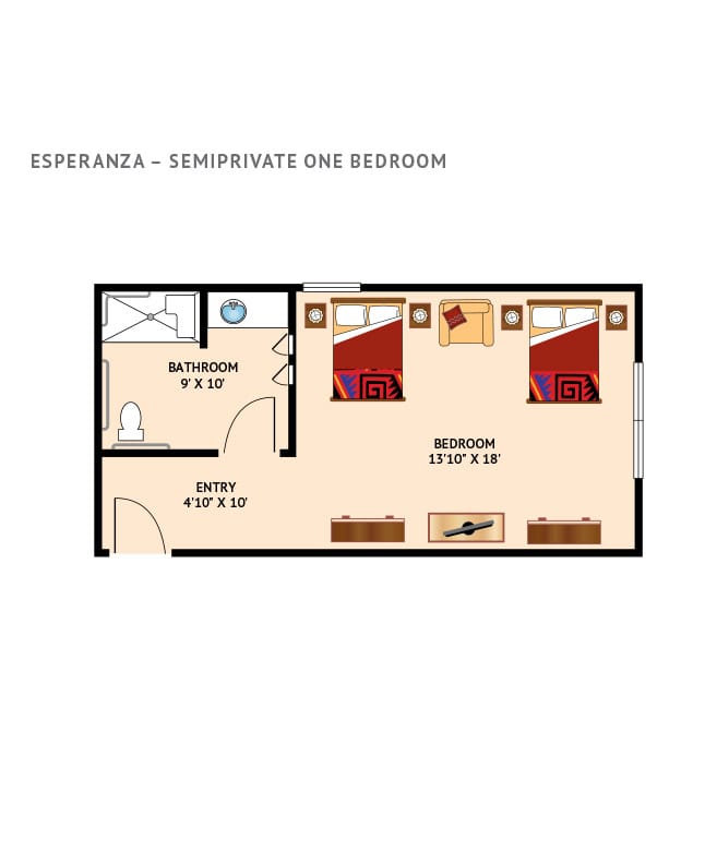Assisted living, semi-private 1 bedroom floor plan at the Watermark at Cherry Hills