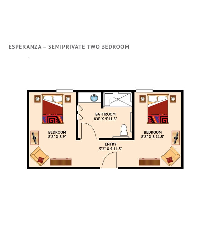 Assisted living, semi-private 2 bedroom floor plan at the Watermark at Cherry Hills