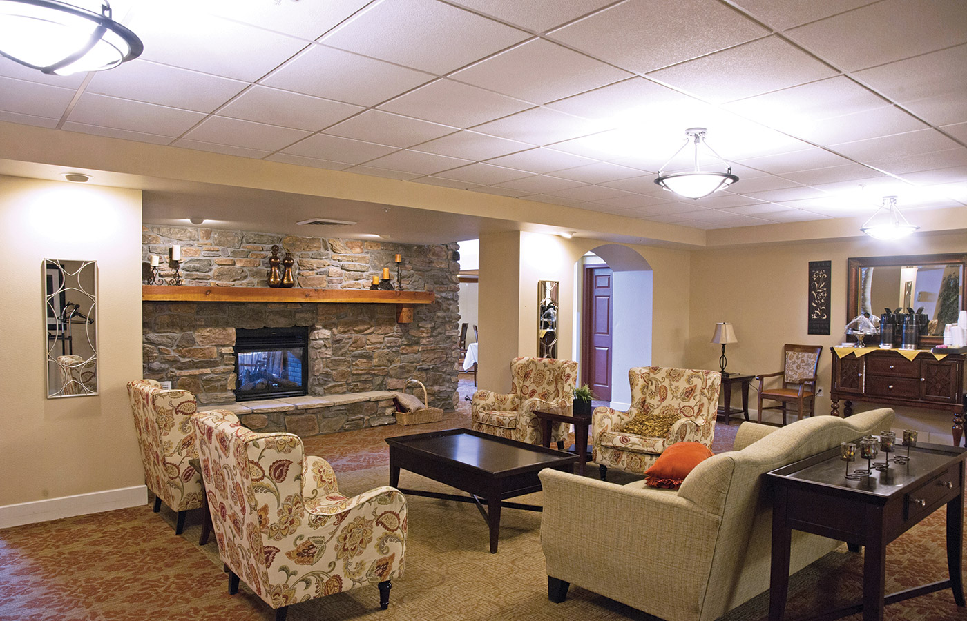 Fireplace room with cozy couch 