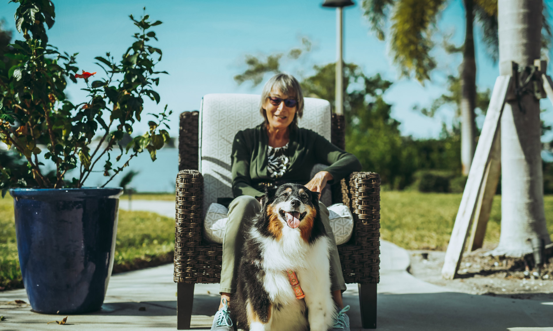 Sitting lady with her dog outside on a sunny day