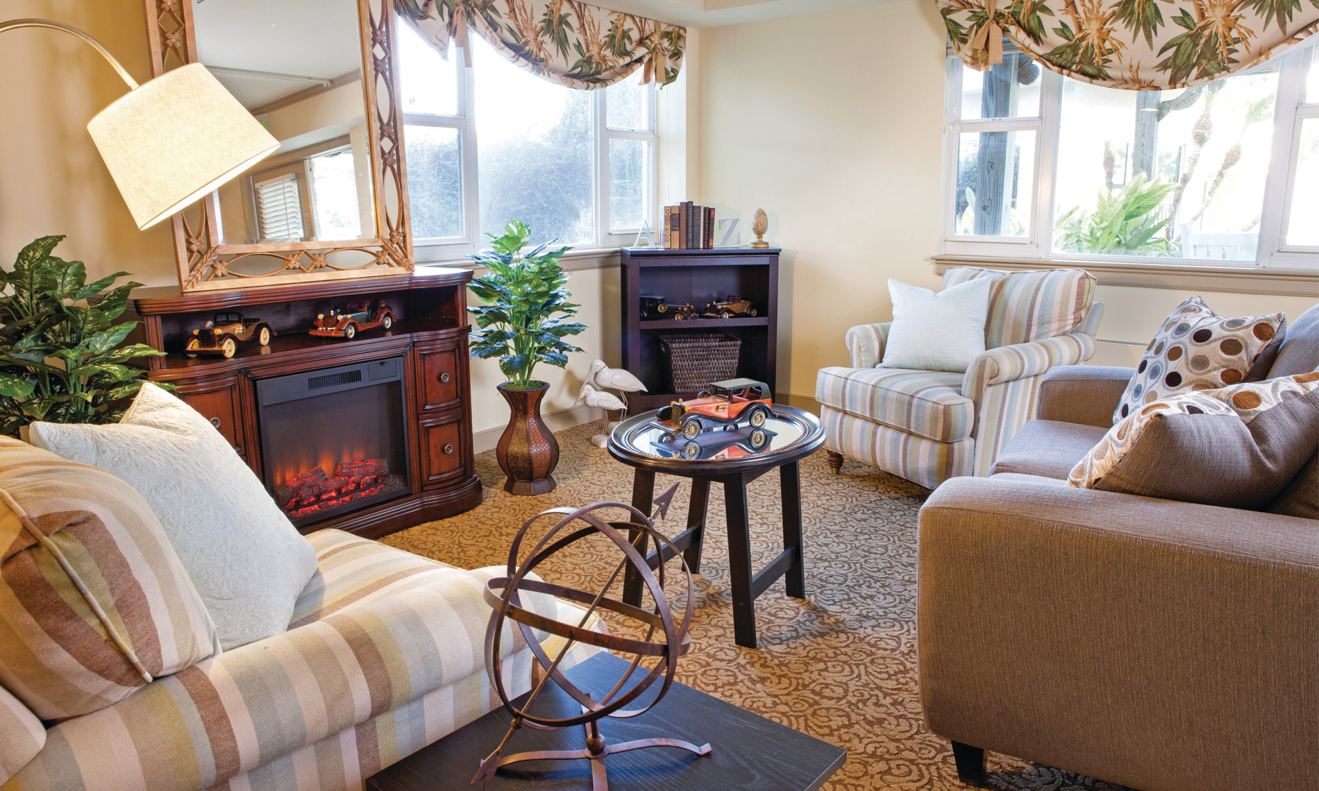 Cozy living room with fireplace and couches