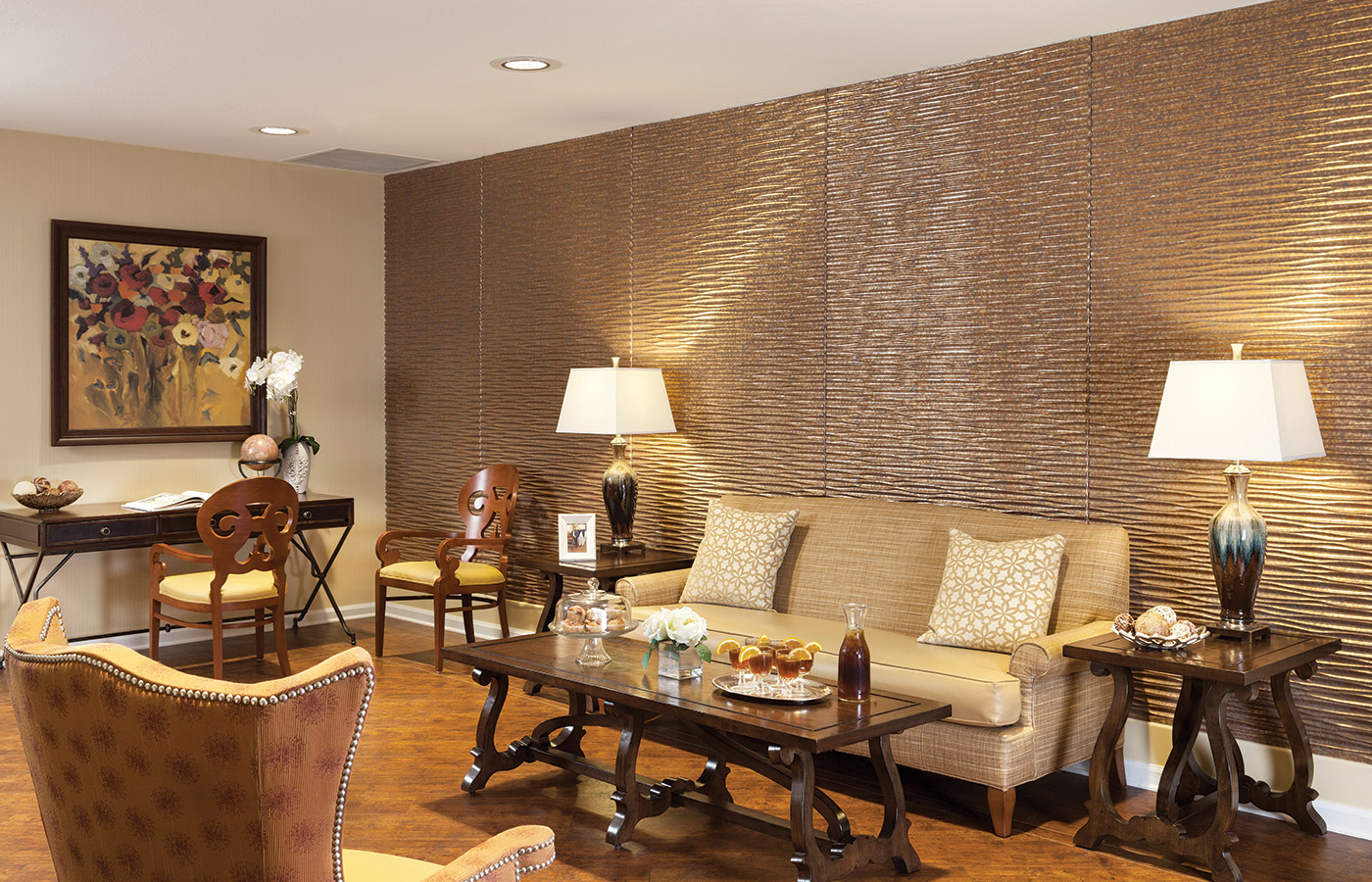 Lounge area with multiple chairs and lamps
