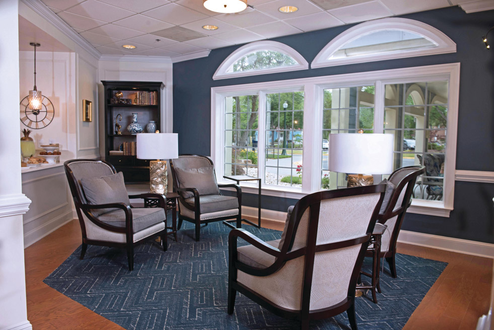 Four chairs set across from one another in the Parlor at The Fountains at the Albemarle