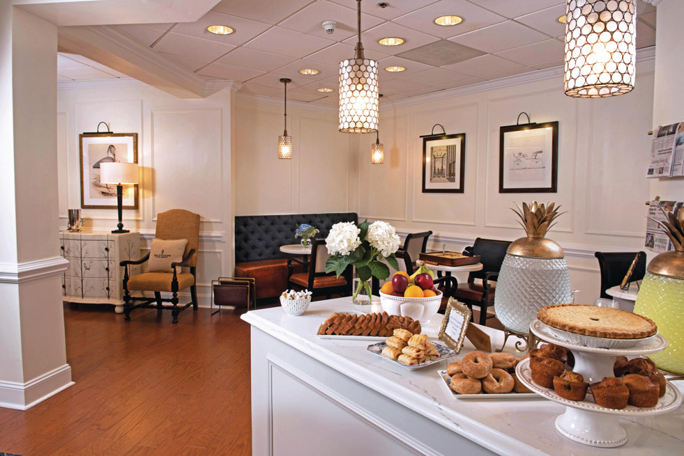 A selection of breakfast pastries set atop a credenza in a dinning area at The Fountains at the Albemarle