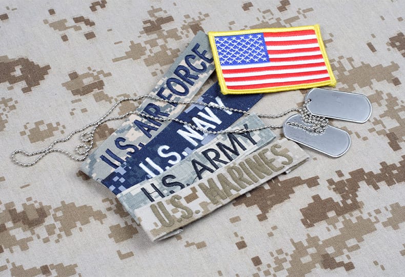 S MILITARY concept with branch tapes and dog tags on camouflage uniform background
