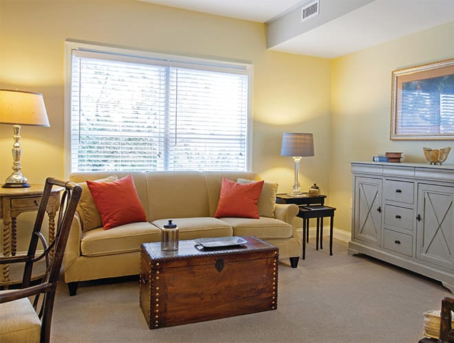 A spacious living room showcasing one of the available floor plans found at the Fountains at the Albemarle