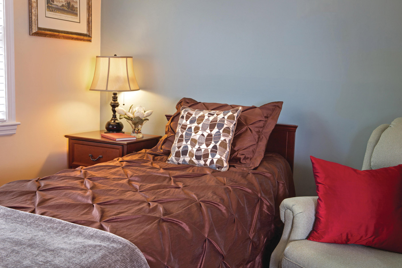 A single bed for memory care residents at The Fountains at Albemarle
