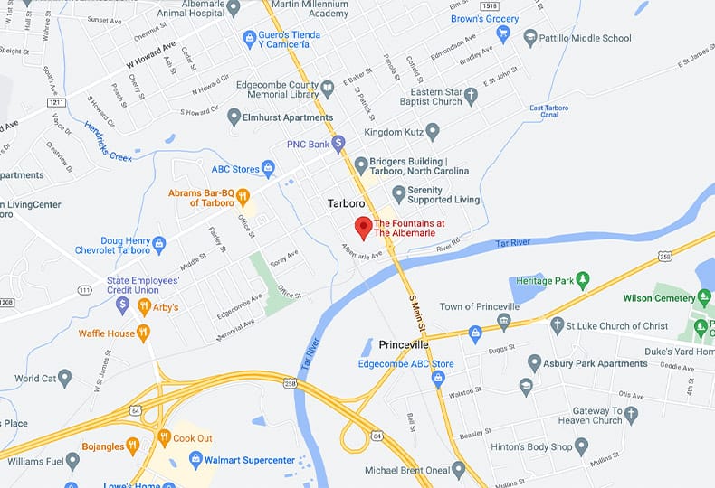 A map showcasing the Fountains at the Albemarle's location and the surrounding area