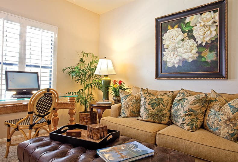 A model unit living room at the Fountains at the Carlotta, Emeryville CA