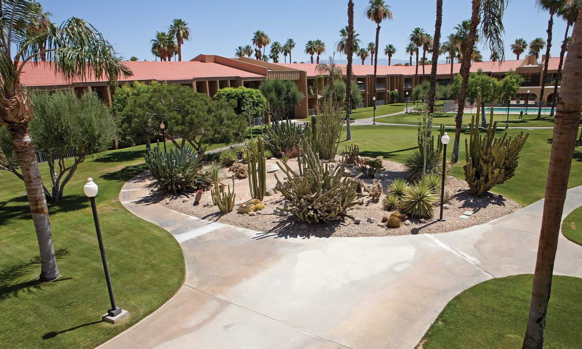 Exterior photograph of the courtyard at The Fountains at the Carlotta, Palm Desert, CA