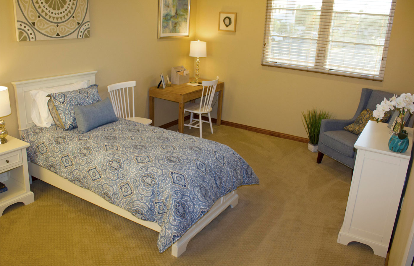 A model bedroom at The Hacienda at the River