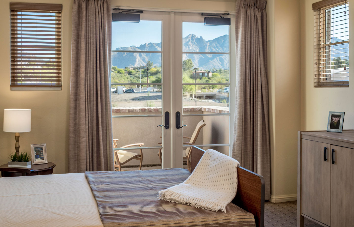 A model bedroom at The Hacienda at the River