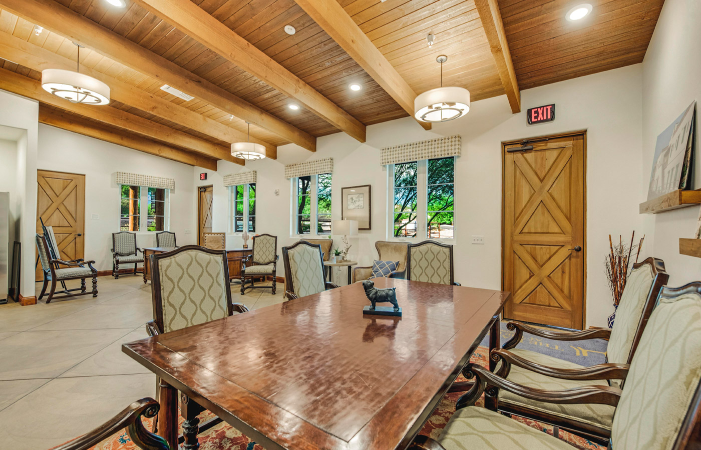 A communal dining space found at The Hacienda at the River