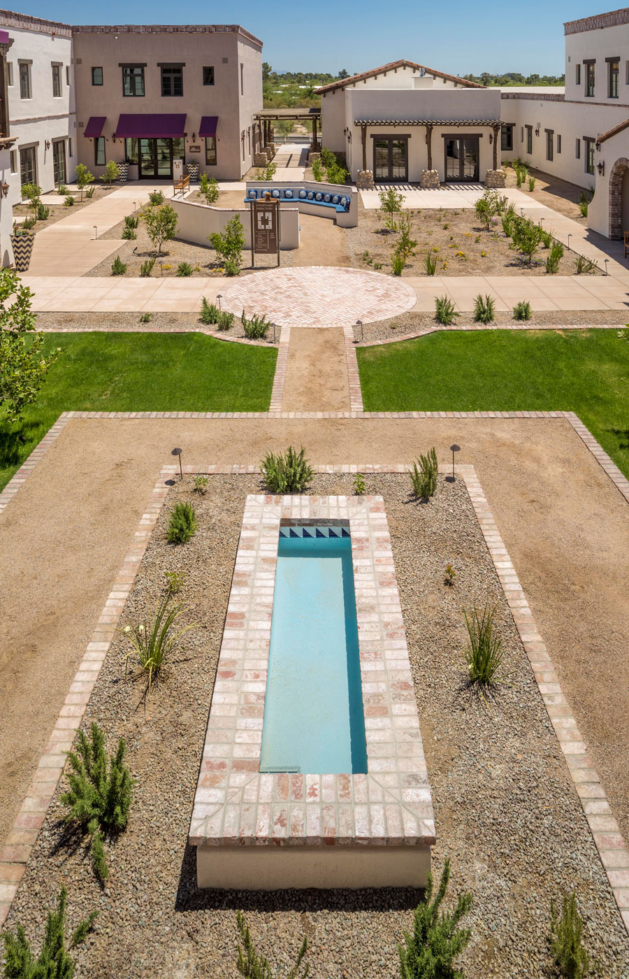An aerial view of a water feature and courtyard found at The Hacienda at the River