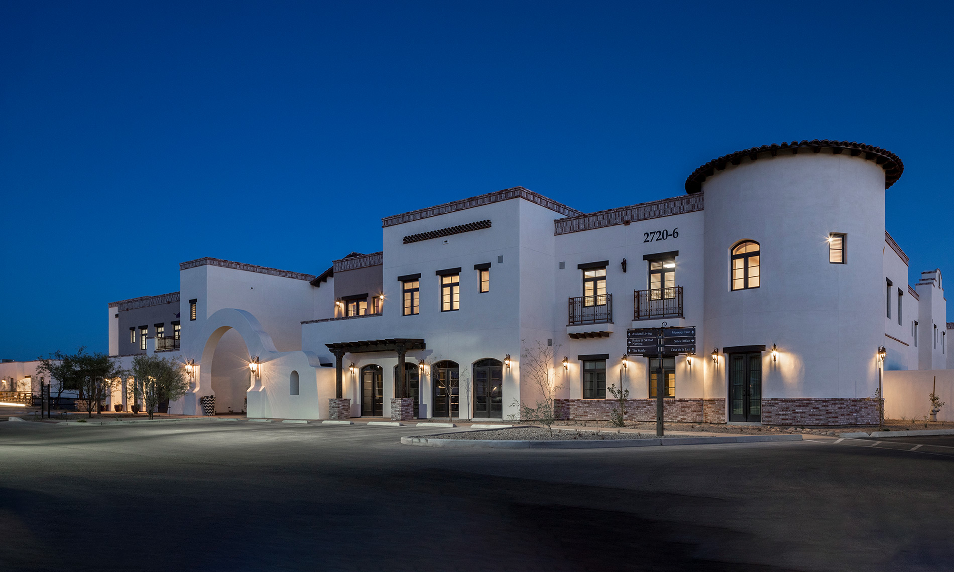 An exterior shot of The Hacienda at the Rivers after sunet