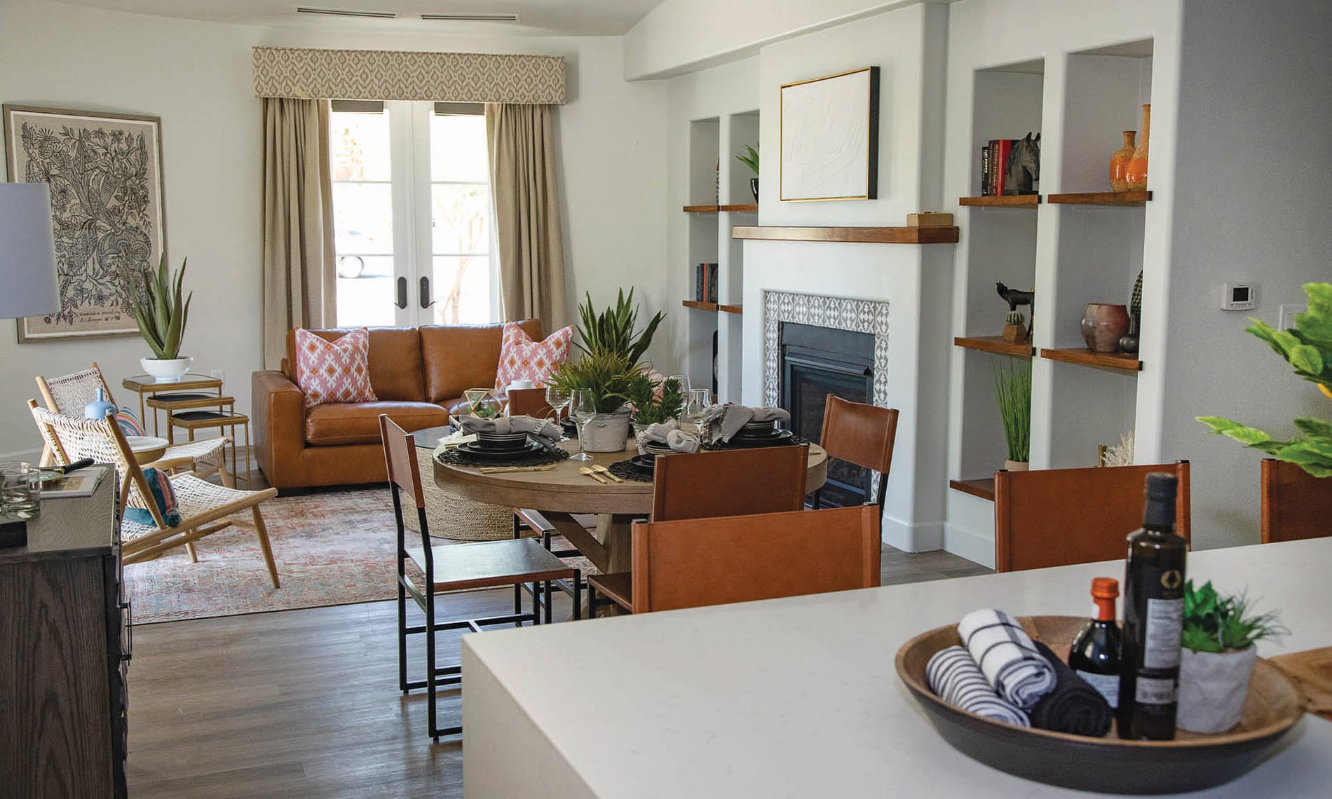 A living room in one of the model units at the Hacienda at the River in Tucson, Arizona