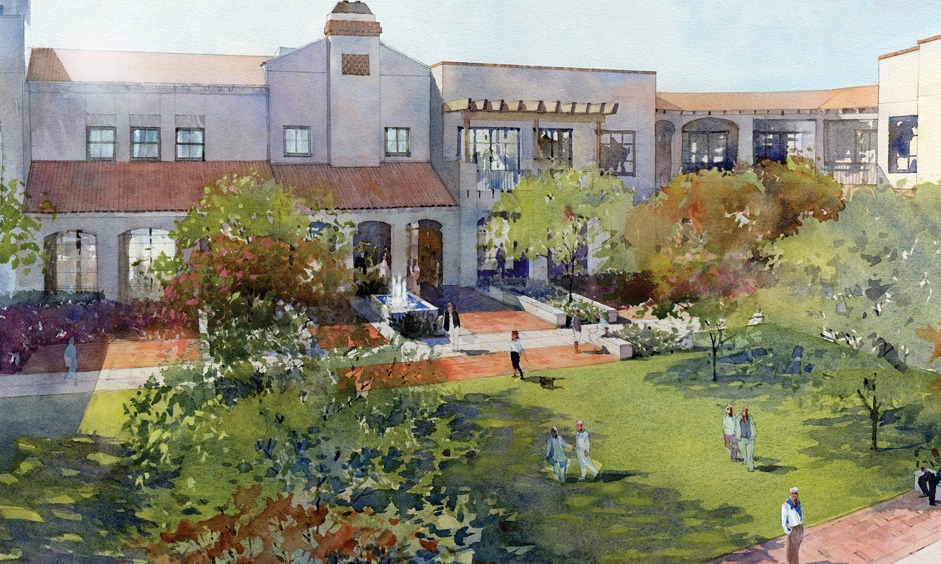 An aerial view of a private outdoor green space located on the property of The Hacienda at the River