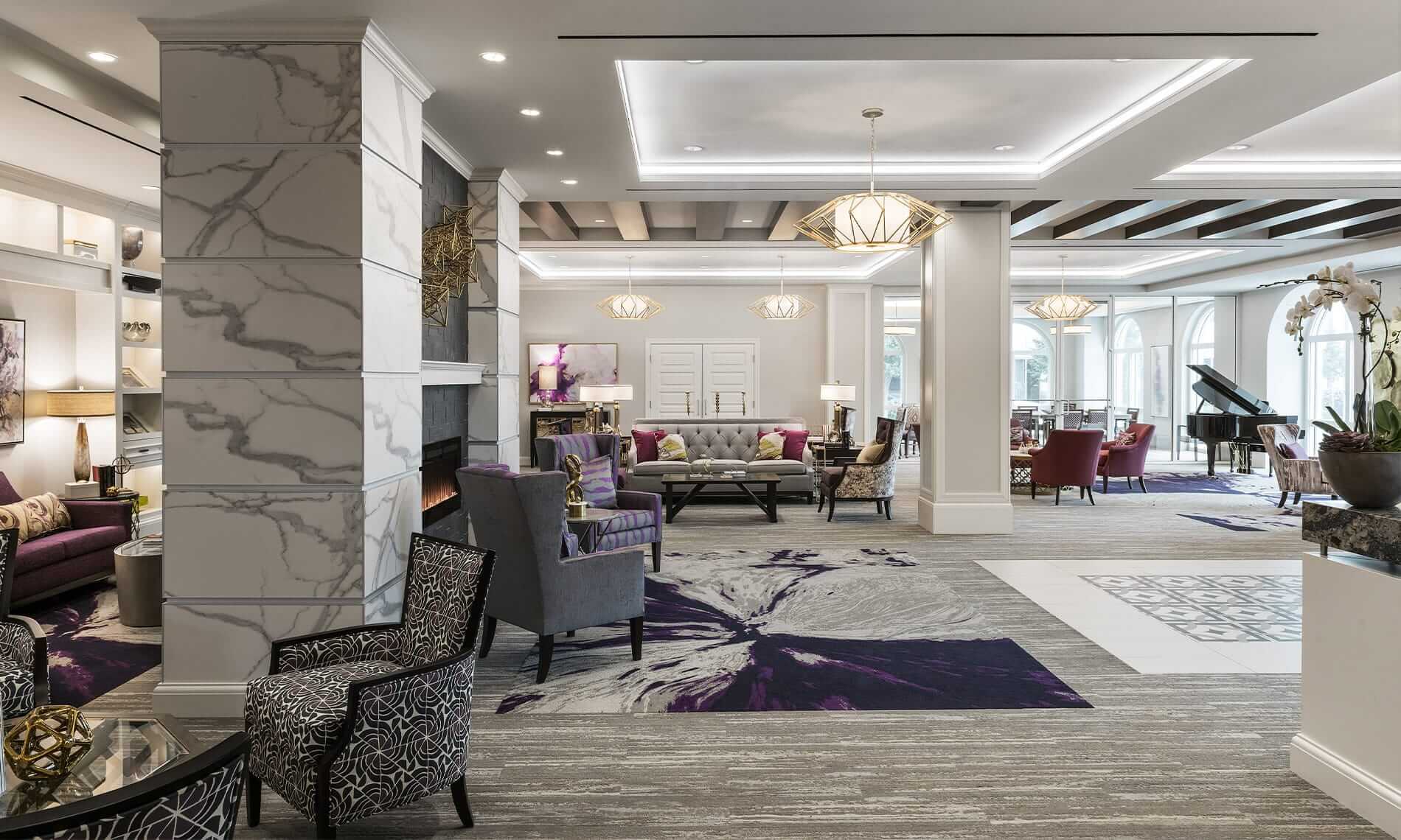 The main floor lobby of the Preston at the Park Cities