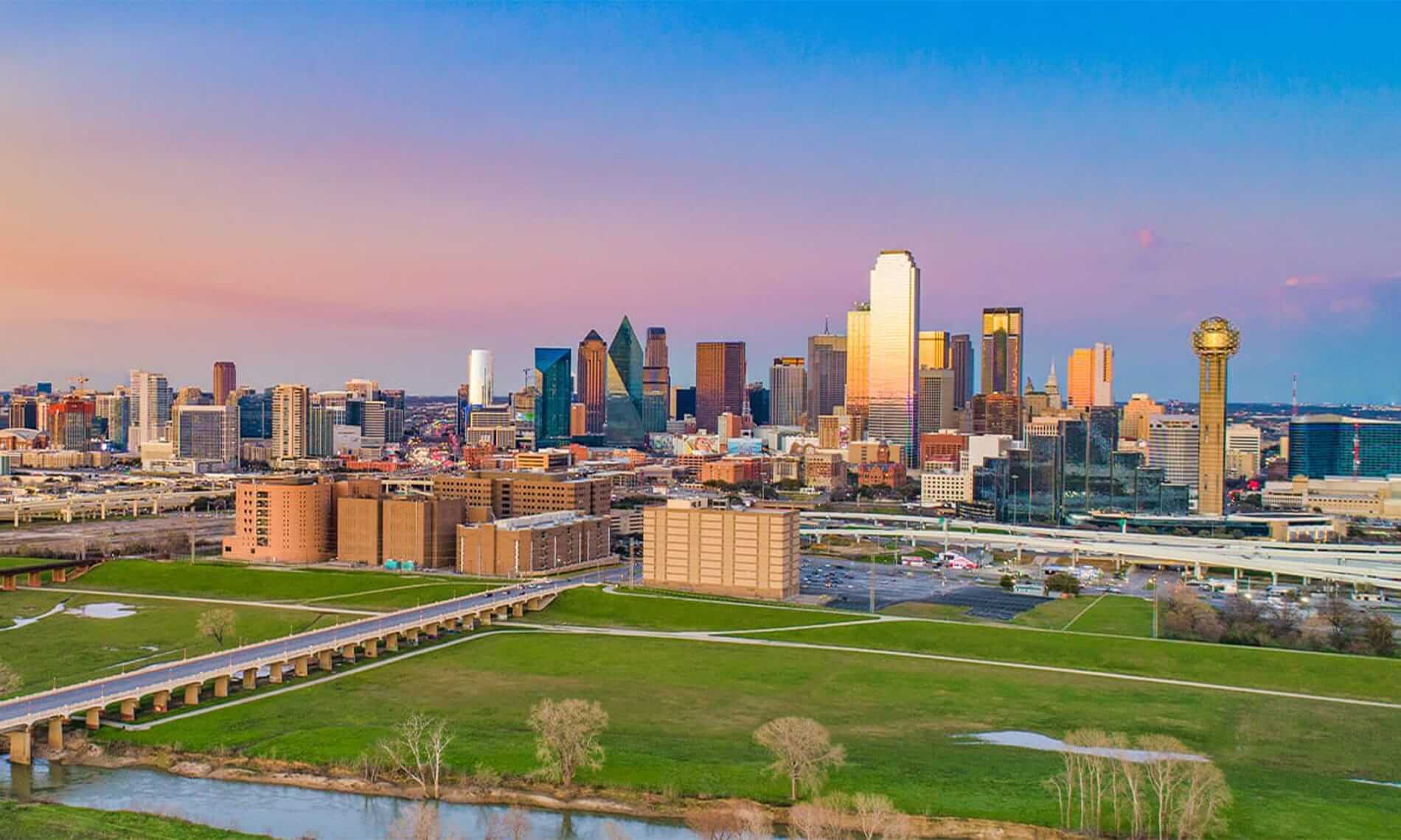 Dallas, Texas, USA Downtown Drone Skyline Aerial Panorama.