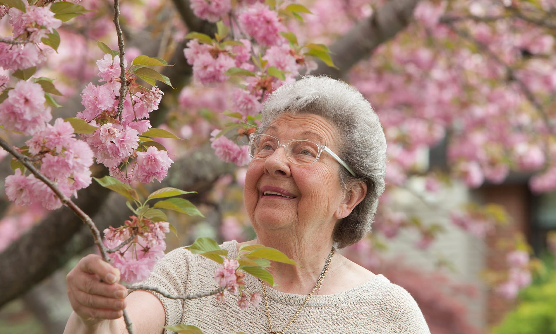 A woman stops to smells some vibrant flowers on a tree while walking past