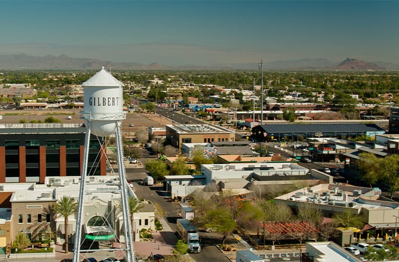 An aerial shot of Gilbert, Az featuring the watertower located within the city limits