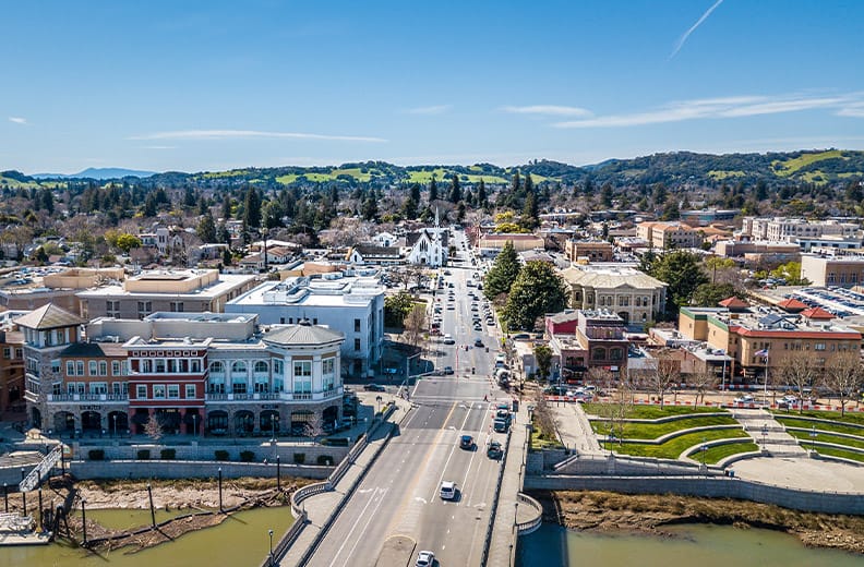An aerial shot of Napa, Ca