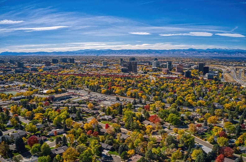 An aerial shot of Aurora, Co in the fall