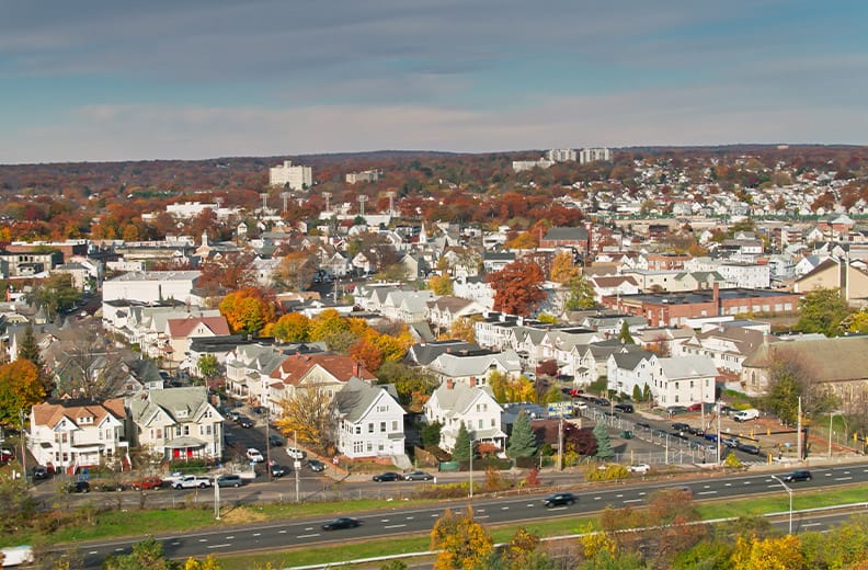 Aerial view of Bridgeport, Connecticut on a clear sunny day