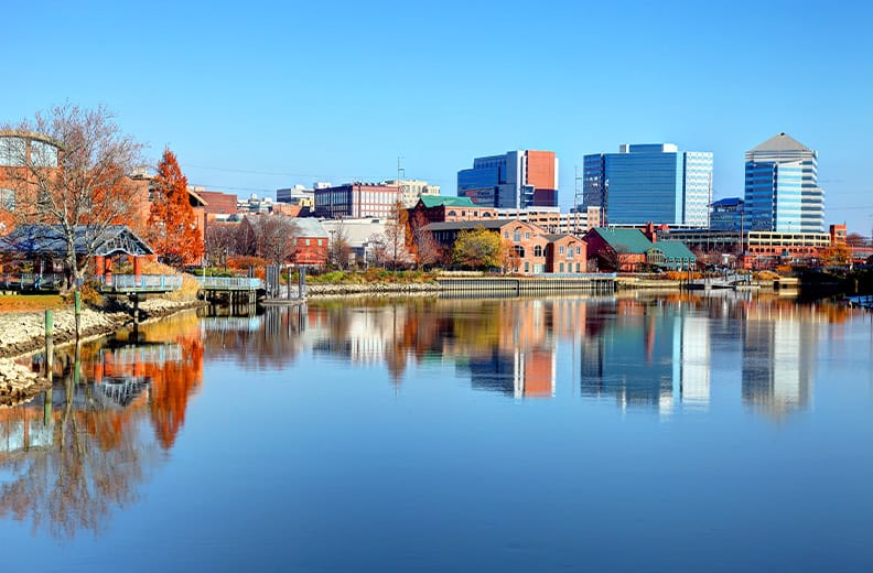 Wilmington skyline against a blue sky on an autumn day 