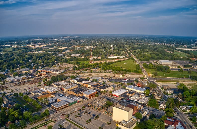 Aerial View of the Chicago Suburb of Crystal Lake, Illinois