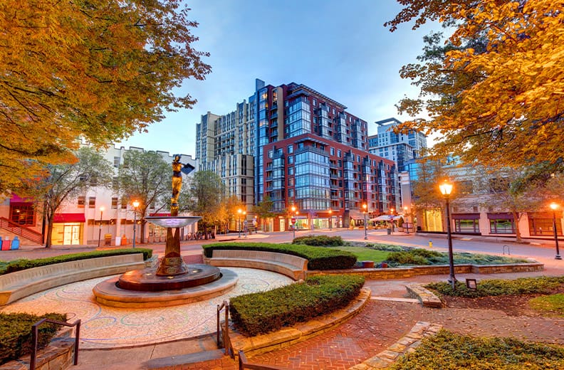 Town square of Rockville, Md after sunset during autumn