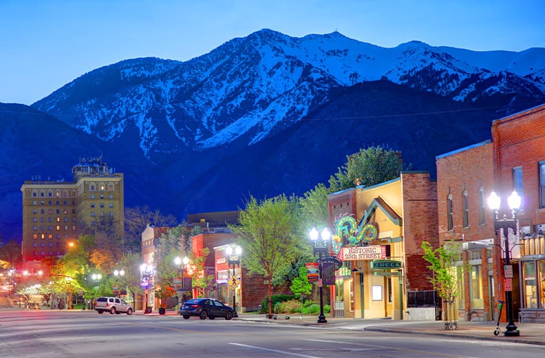 North Ogden, Utah main street after sunset with a mountain in the background