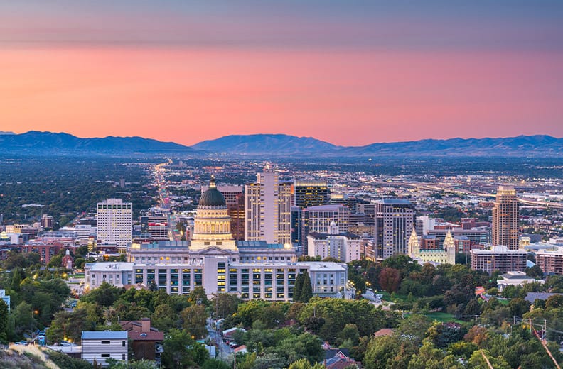 Salt Lake City, Utah downtown city skyline at dusk.