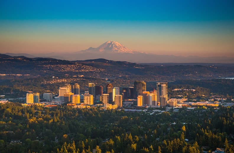 Downtown Bellevue, Washington with Mt. Rainier in background.