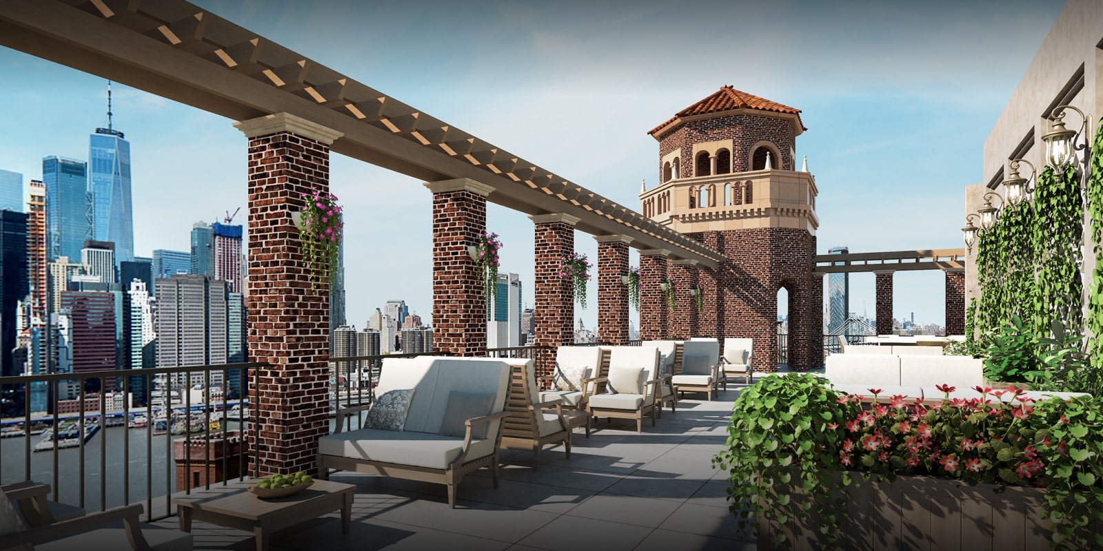 blue sky and portion of a brick tower