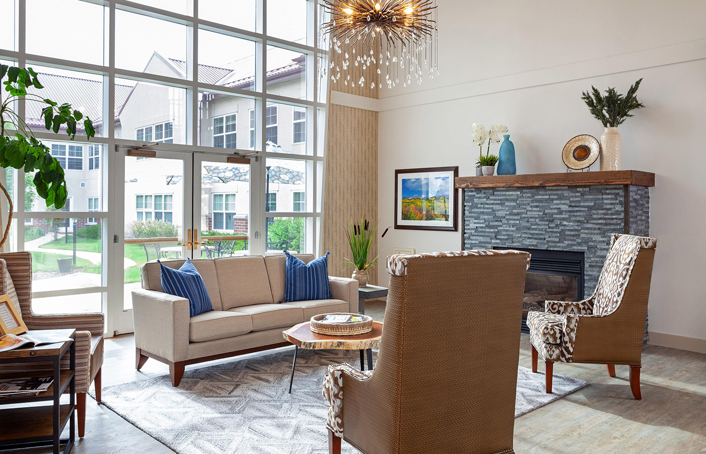 St Andrew Lobby with a few chair and fireplace