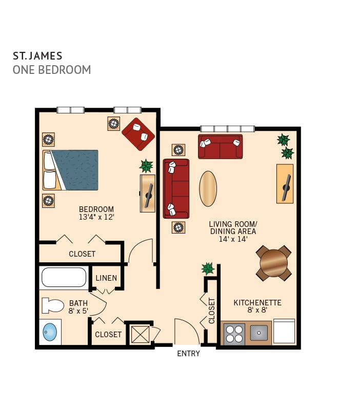 A sample one bedroom floor plan at the Fountains at Ablemarle