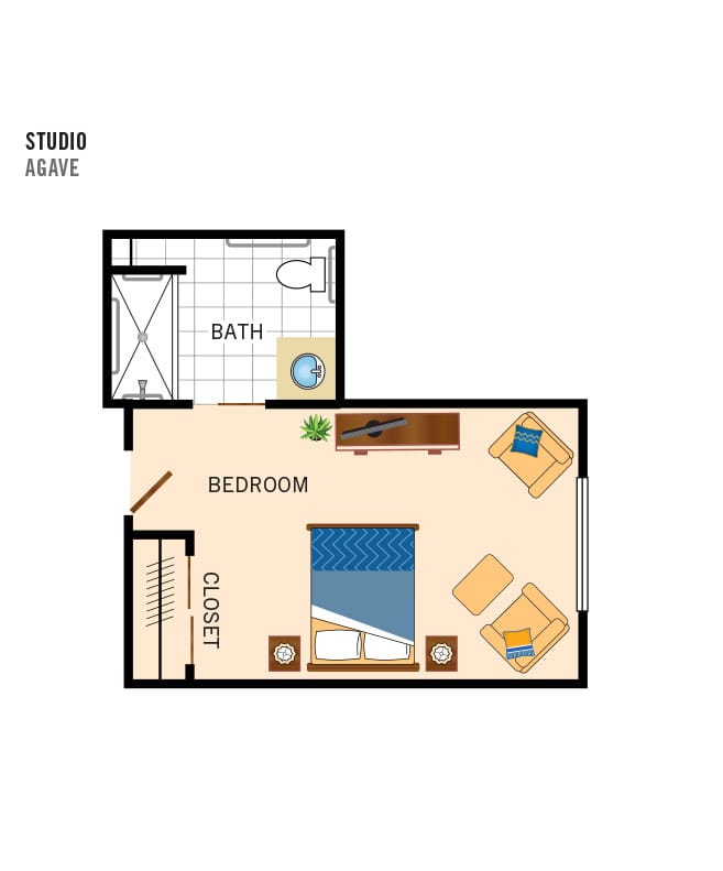 studio floor plan for assisted living and memory care at the hacienda at the river in tucson, az