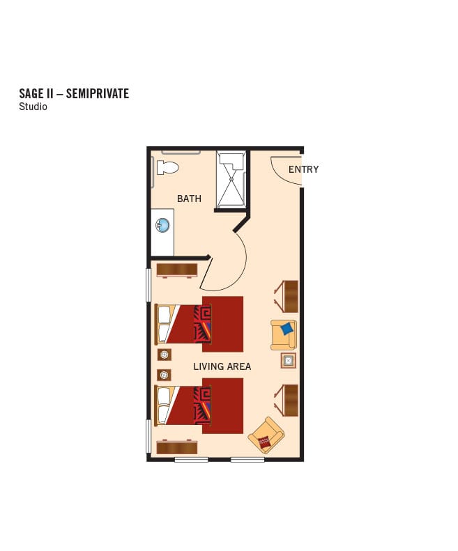 Memory care studio, semi-private floor plan, The Watermark at Southpark Meadows
