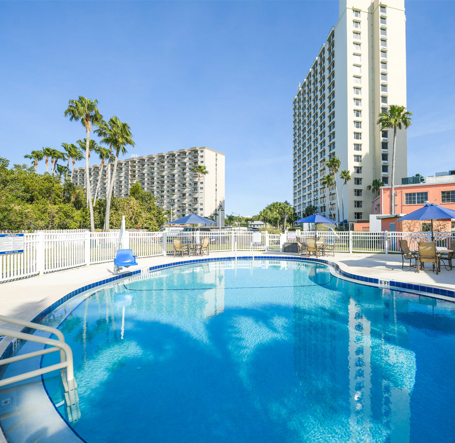 Wellness outdoor pool with the buildings in the background