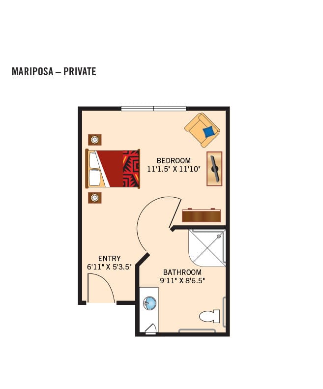 Memory Care 1 bedroom floor plan at the Watermark at Cherry Hills