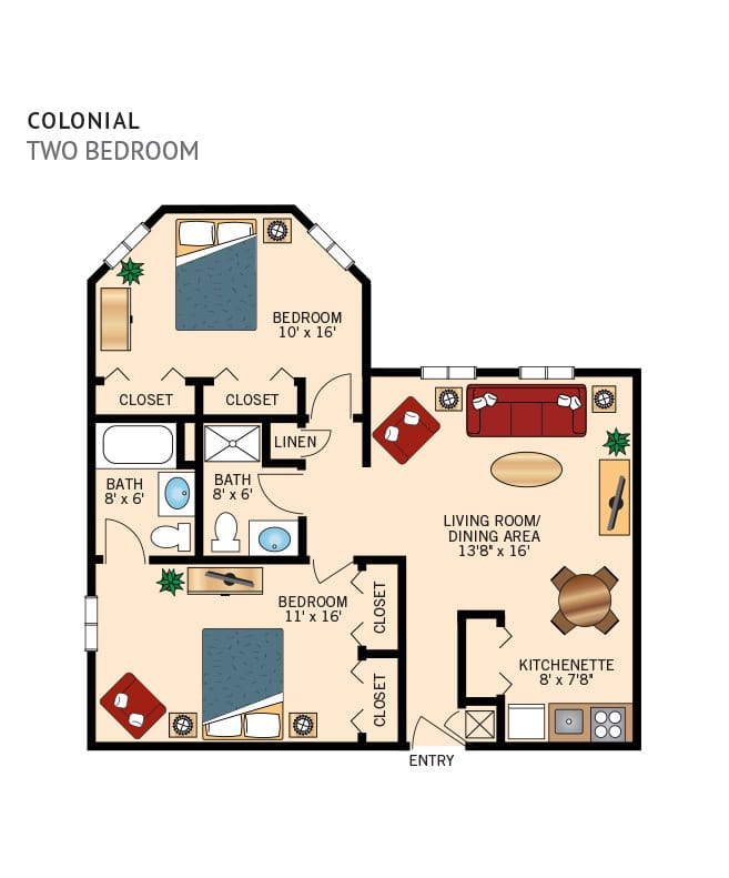 A sample two bedroom floor plan at the Fountains at Ablemarle