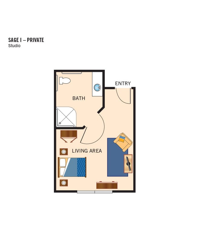 Memory care studio floor plan, The Watermark at Southpark Meadows